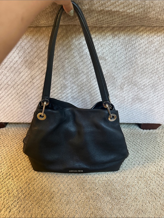 Michael Kors Black Pebbled Leather Raven Shoulder Bag with Gold Accents